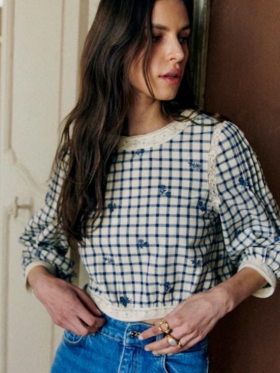 Sezane Tops - Sezane Thalyna Checked Lace-Trim Blouse